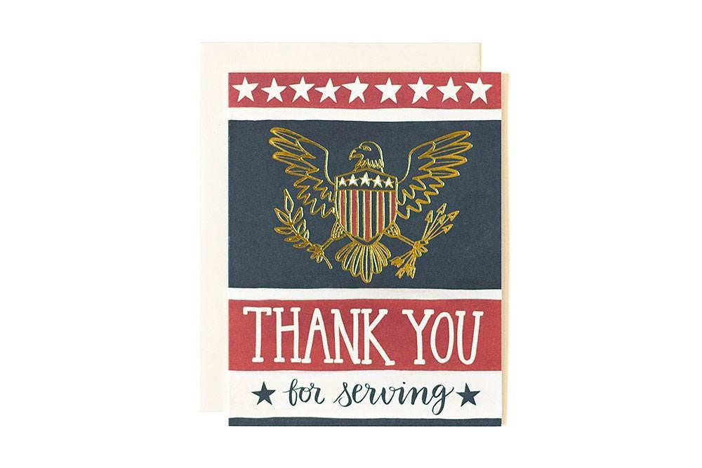 An gold american eagle symbol with stars and stripes. Below the eagle it reads "Thank you for serving" in red, white, and blue..