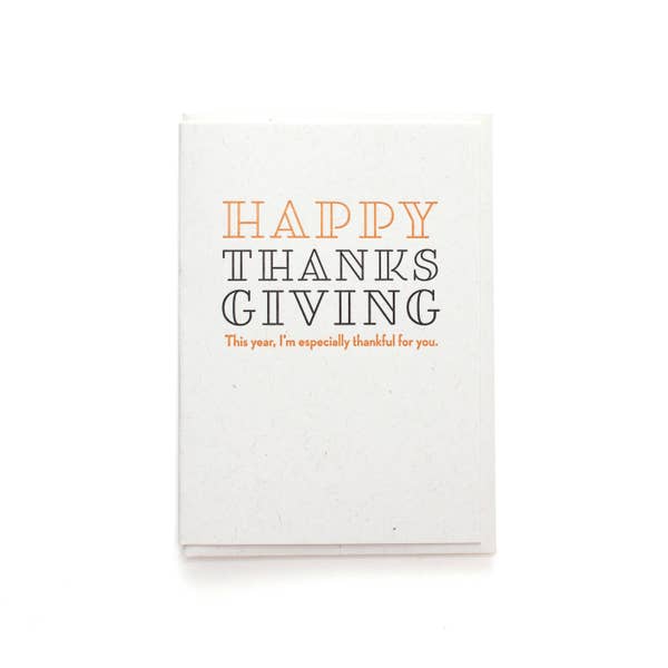 Happy Thanksgiving Card on white. This year I'm especially thankful for you. Turkey day card.