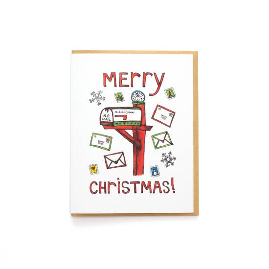 Merry Christmas Card Santa Clause Mailbox with letters. Snail mail Christmas.