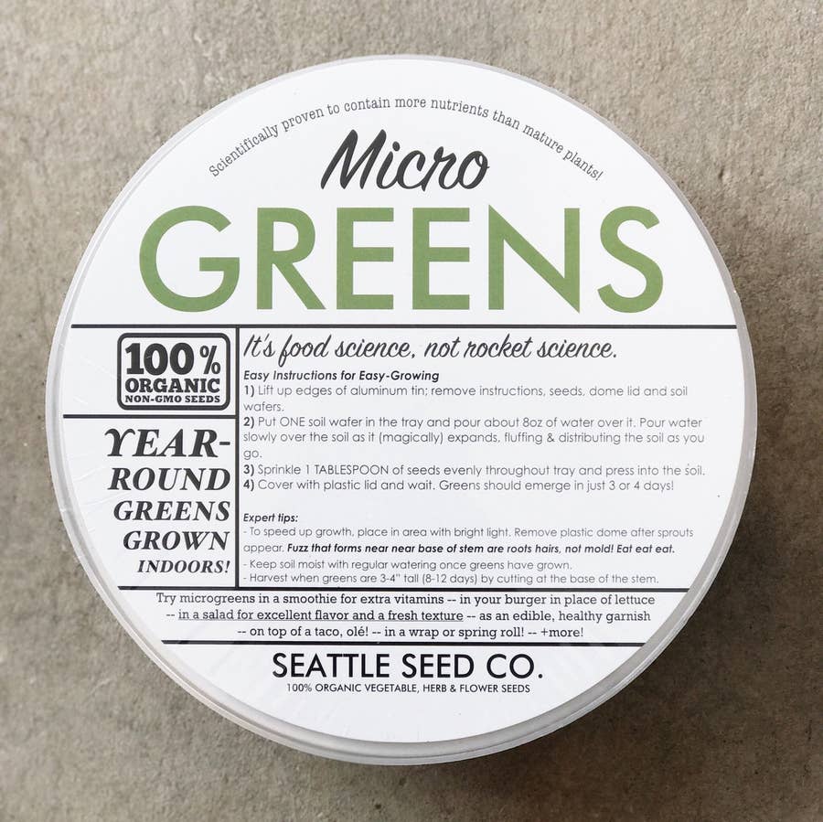 A recyclable bowl with a lid listing the product name and directions on how to grow the microgreens.